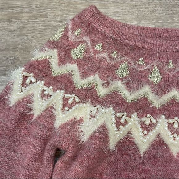 Vintage Classic Yoke Print Beaded Sweater Fair Isle Wool Mhair Pullover Medium - Picture 2 of 7